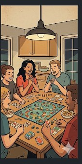 Group of friends laughing and playing a board game around a kitchen table