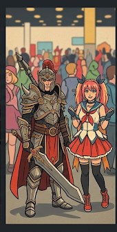 Two elaborately costumed convention attendees in fantasy and anime cosplay at a Midwest convention