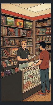 Inside a well-stocked friendly local game shop with shelves of board games and RPG books