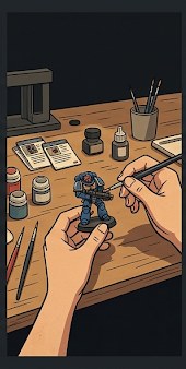 Hands carefully painting a Warhammer 40K miniature at a hobby workbench with paints and brushes