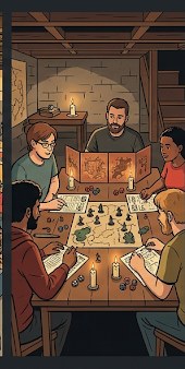 Four players around a table for a tabletop RPG session with dice and miniatures